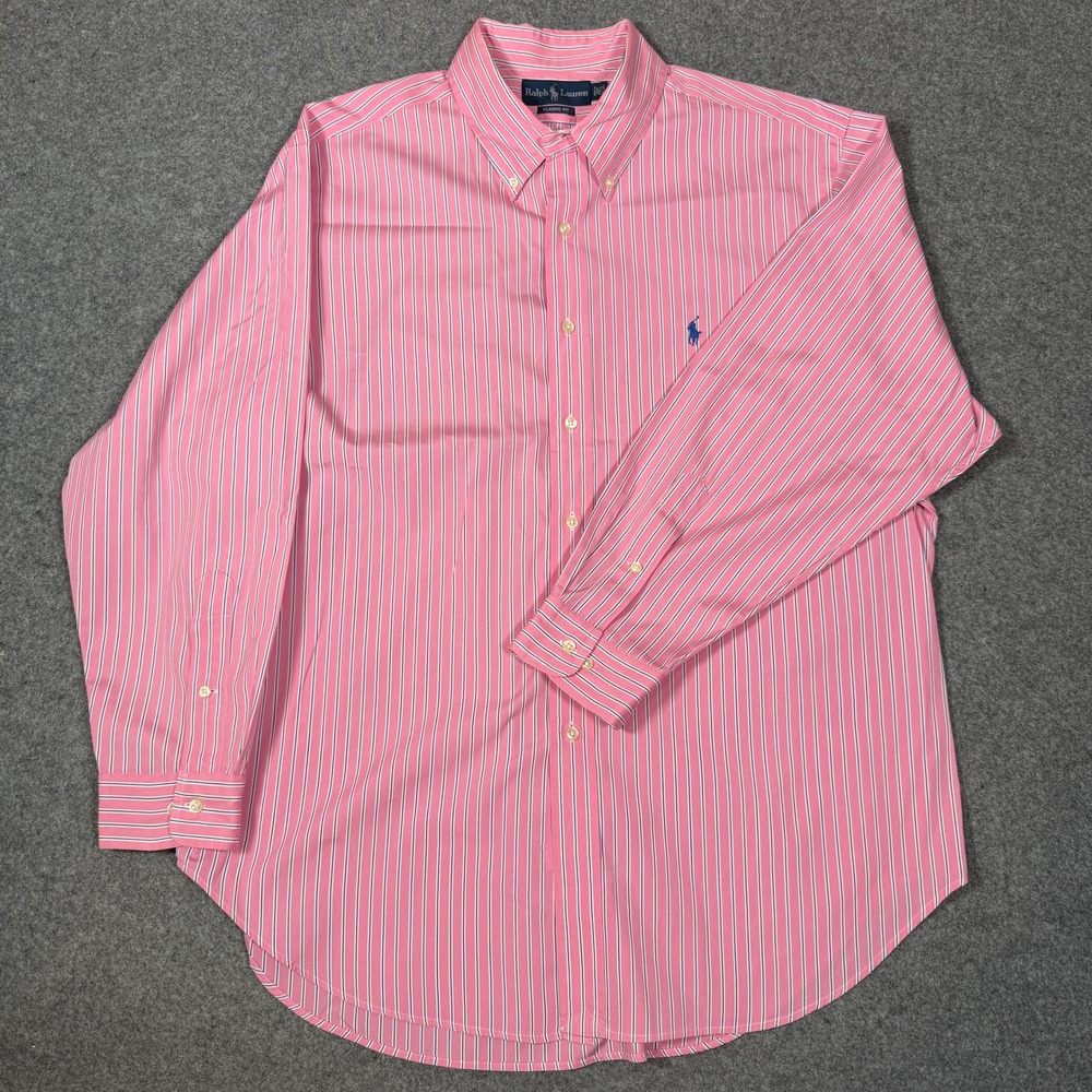 Ralph Lauren Mens Classic Fit Striped Button Down Shirt Pink White 17.5 32/33